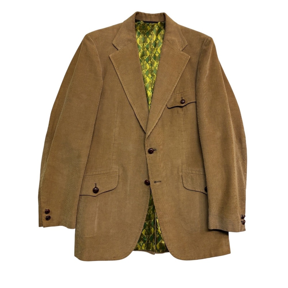 vtg 70s Corduroy Blazer 40L Tan Back Belted Action Back Jacket Sport Coat USA
